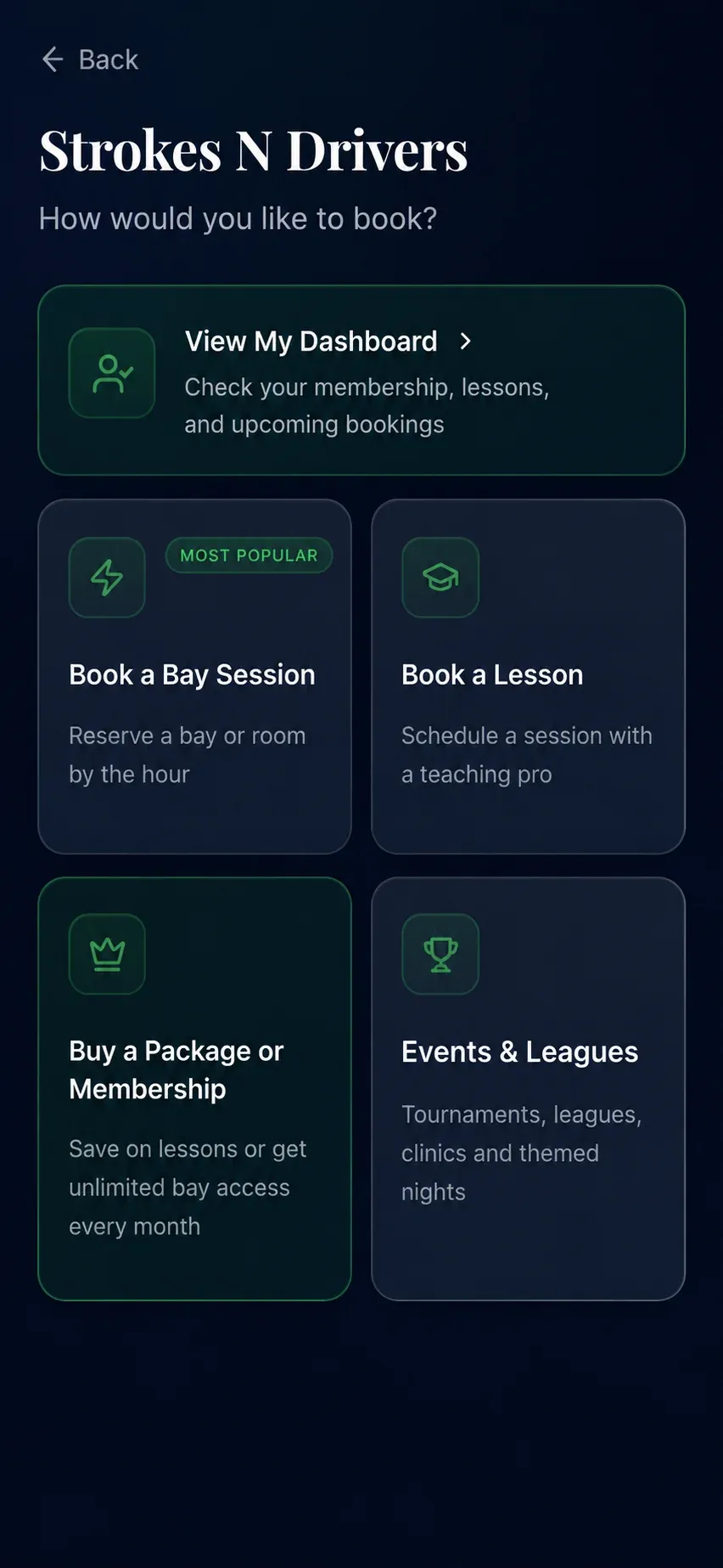 Birdie golf simulator booking software — booking home screen (mobile)